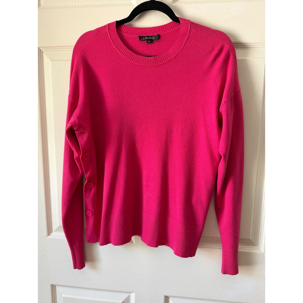 Charlie B Sweater Womens Large Pink Side Button Crew Neck Barbiecore